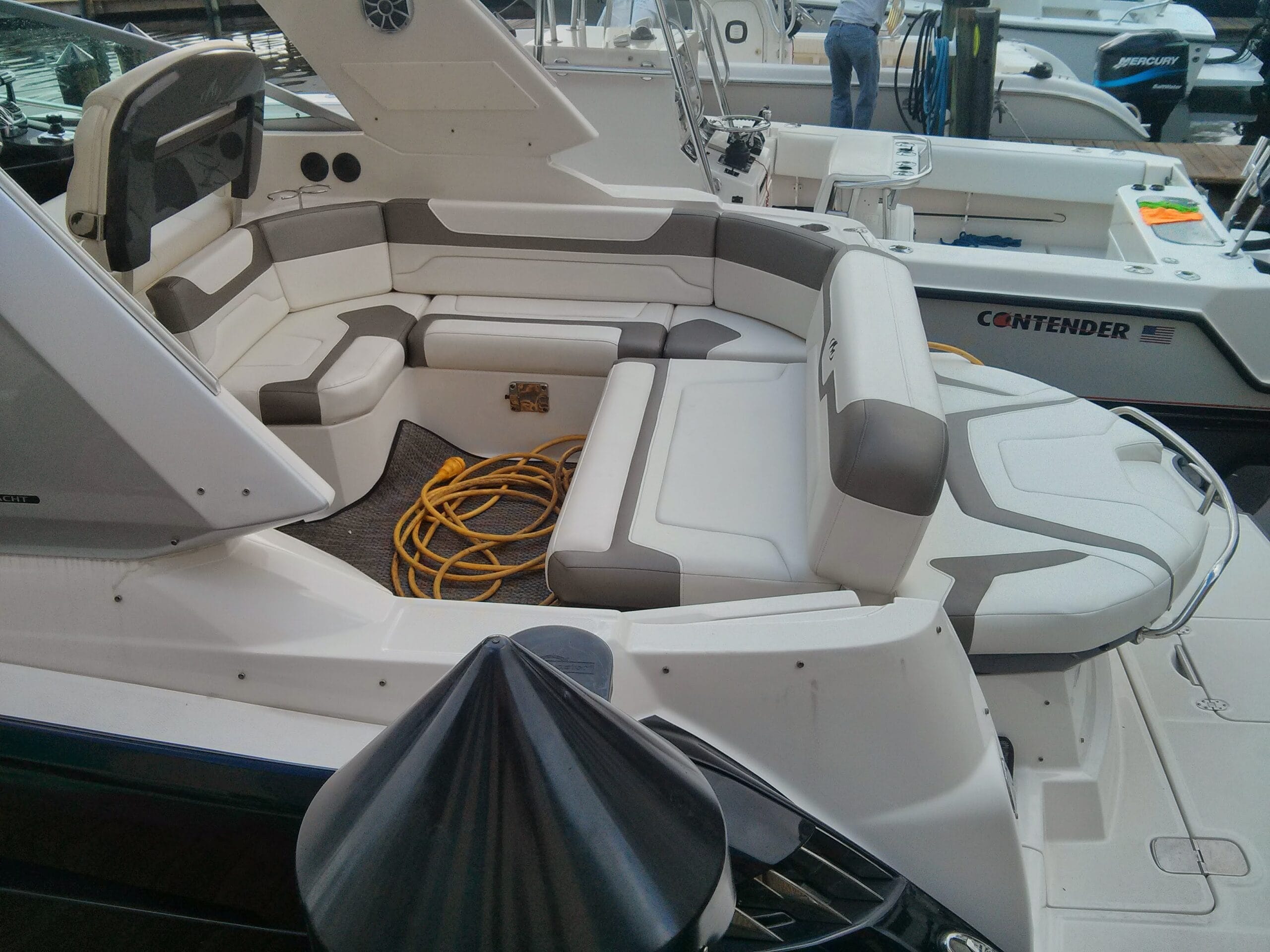 Monterey boat white and grey exterior boat upholstery restoration in Miami, Fl